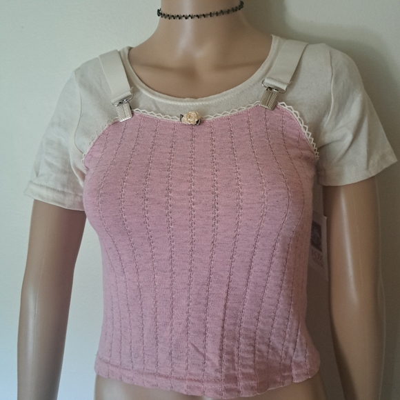 Fox Hollow Tops - Teeny Pink & Cream Rosette Corset Look Cropped Tshirt XXs/Xs